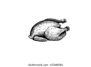 Chicken grill, graphic hand drawn illustration isolated on white background. Fast food.