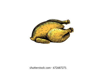 Chicken grill, graphic hand drawn illustration isolated on white background, fast food.