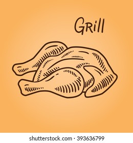 Chicken. Grill object. Food icon. Meat illustration. Retro style