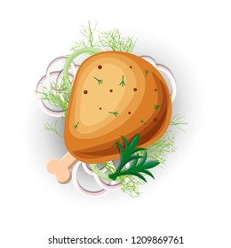 Chicken Grilled Leg Vector Icon, isolated on white background with greens and onion. Tasty juicy chicken roasted leg icon. Top view. Cartoon grilled spicy chicken legs with green rosemarin icon