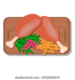 Chicken grilled leg with vegetables on wooden board