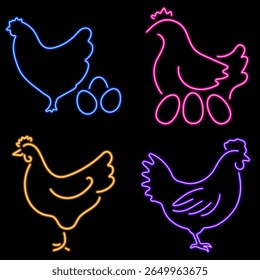 chicken group of neon icons, vector illustration on black background.