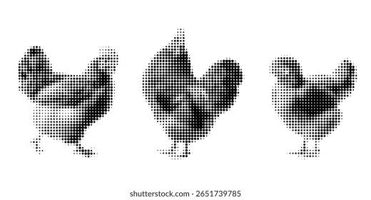 Frango, vetor de meio-tom ilustração galo, pintinho, ovo voando, de pé, em estilo de quadrinhos retro com textura pontilhada arrojada. Imagem em preto e branco isolada em fundo branco. Aves estilizadas.