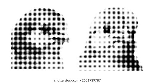 Frango, vetor de meio-tom ilustração galo, pintinho, ovo voando, de pé, em estilo de quadrinhos retro com textura pontilhada arrojada. Imagem em preto e branco isolada em fundo branco. Aves estilizadas.