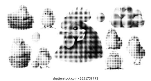 Frango, vetor de meio-tom ilustração galo, pintinho, ovo voando, de pé, em estilo de quadrinhos retro com textura pontilhada arrojada. Imagem em preto e branco isolada em fundo branco. Aves estilizadas.