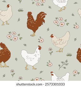 Chicken hand drawn clipart, seamless pattern with chicken birds, cottagecore country life style repeating vector background