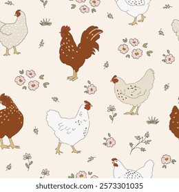 Chicken hand drawn clipart, seamless pattern with chicken birds, cottagecore country life style repeating vector background