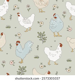 Chicken hand drawn clipart, seamless pattern with chicken birds, cottagecore country life style repeating vector background