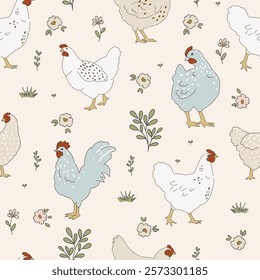 Chicken hand drawn clipart, seamless pattern with chicken birds, cottagecore country life style repeating vector background