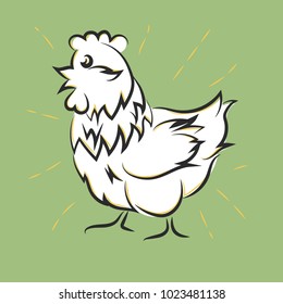 Chicken hand drawn, Happy white hen. Meat and eggs produce, farm Badge element. Cartoon Vector