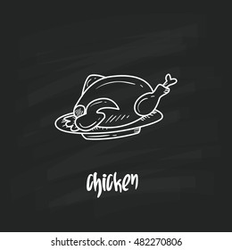 Chicken hand drawn objects and symbols with Chalkboard Background. Chicken sketch cartoon style with color, vector illustration