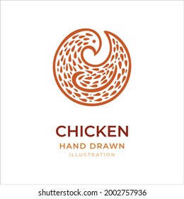 Chicken hand drawn vector illustration. Chicken stylized drawing logo. Chicken abstract logotype. Part of set.