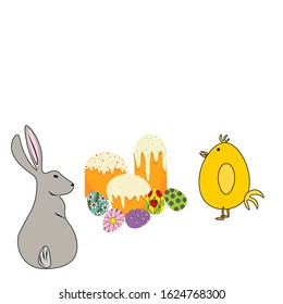 Chicken and hare near easter cakes and eggs in flat style isolated on white background. Stock vector illustration for decoration and design, packaging, Easter, cards, banners, posters, web pages