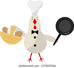 chicken in a cook’s hat holds a basket with eggs in one wing and in another pan concept of cooking and eating object on a white background.