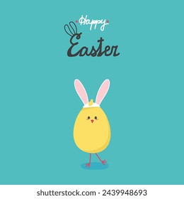 Chicken in a hat with rabbit ears Happy Easter card. Vector illustration cartoon banner.
