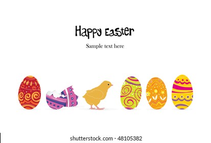 Hühner, geschlüpft aus Ostereiern. roh geformter Hintergrund.