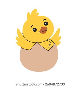 Chicken hatched from an egg and flapping its wings. Children's illustration. Easter cute character. Isolated on white background