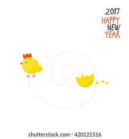 Chicken hatched from the egg - greeting card happy new year. 2017 - year of the Chinese calendar - new year of the rooster