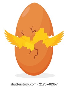 Chicken hatching from the egg. Cartoon baby chick born process. Small baby bird emergence from egg, cracked shell. Funny domestic animal. Funny and educational illustration for kids