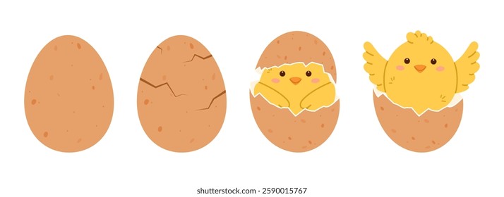 Chicken hatching from egg. Cute yellow chick cracking eggshell. Flat vector isolated illustration