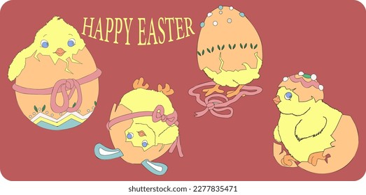 Chicken hatching stages. Newborn little cute chick, small baby bird emergence from egg, cracked shell in laying hens nest. Easter chicks concept. Happy easter
