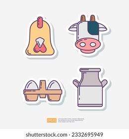 Chicken head, cow head, eggs in box package, milk tank can. Agriculture and farming sticker icon set. Vector Illustration