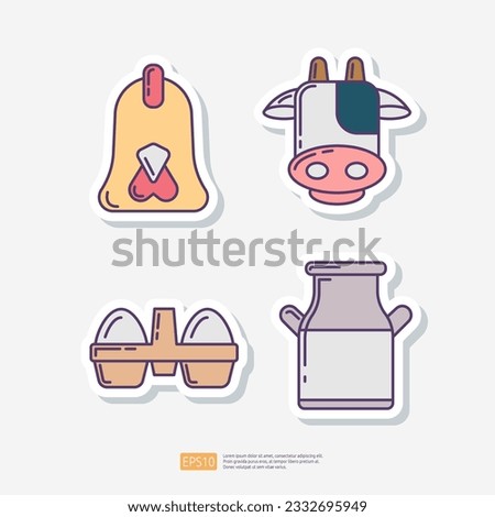 Chicken head, cow head, eggs in box package, milk tank can. Agriculture and farming sticker icon set. Vector Illustration