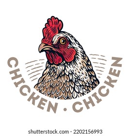 Chicken head drawing in graphic style, created in the form of a label. Vector illustration.