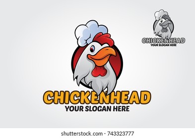 Chicken Head Logo Cartoon Character. A cartoon chicken mascot wearing a chef hat