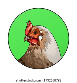 Chicken head looking to the side in a green colored circle. Animal illustration of Henn for kids book and biology lesson. Logotype for farm business or meat shop logo icon in realistic style.