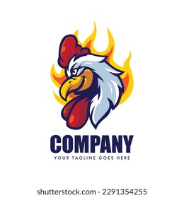 Chicken head mascot logo design vector. Rooster with fire on white background