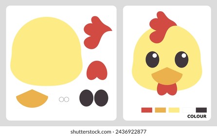 Chicken head pattern for kids crafts or paper crafts. Chicks puzzle vector illustration. cut and paste patterns for kids crafts.