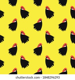 Chicken head, seamless pattern on yellow background.