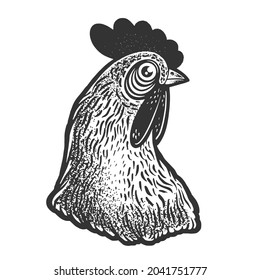 chicken head sketch engraving vector illustration. T-shirt apparel print design. Scratch board imitation. Black and white hand drawn image.