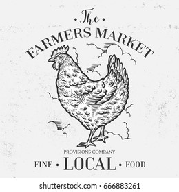 Chicken, hen bird, animal, farmers market banner. Hand drawn sketch in a graphic style. Vintage vector engraving illustration for poster, web. Isolated on white background