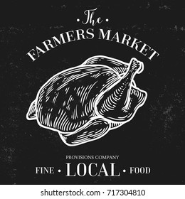 Chicken, hen bird, animal, farmers market banner. Hand drawn sketch in a graphic style. Vintage vector engraving illustration for poster, web. Isolated on white background