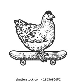 Hühnervogel fahren auf Skateboardskizze gravierende Vektorgrafik. T-Shirt Bekleidungsdesign. Scratch-Board-Imitation. Schwarz-Weiß, handgezeichnet.