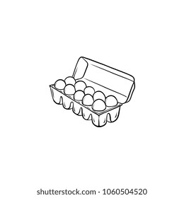 chicken hen black white eggs in open cardboard egg box isolated icon. Monochrome illustration on a white background. Farm poultry chicken objects for advertising, poster design