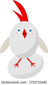 chicken hen with bright blue eyes and a long red crest sitting on an egg object on a white background food and farming concept
