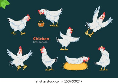 Chicken or hen cartoon character. White hens show different emotions and actions. Cute farm cartoon characters. Flat vector isolated design for mobile app, stickers, kids printing, greeting cards