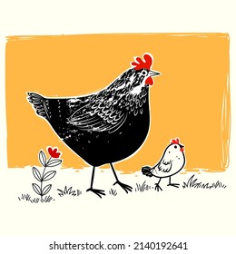 Chicken, hen cartoon drawing vector illustration.Isolated object. Farm bird.