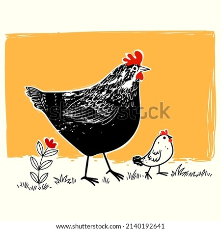 Chicken, hen cartoon drawing vector illustration.Isolated object. Farm bird.