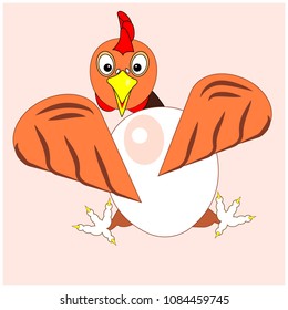 Chicken, hen or cock with big egg. Icon, logo or sign for package design of eco organic food of eggs or poultry from farm. Cartoon character to illustrate agricultural meal packing or to fun cute draw