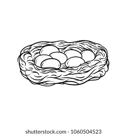 chicken hen eggs in hay nest isolated icon. Isolated monochrome illustration on a white background. Farm poultry chicken objects for advertising, poster design