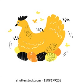 Chicken hen with eggs. Chicken logo for a bird factory. Children's print, expectant mother, mother with children. The continuation of life. Nest with bird and eggs. Doodle, cartoon style