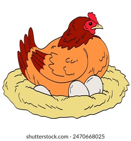 Chicken Hen Eggs in Nest Drawing Vector Cartoon Illustration