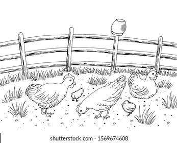 Chicken hen farm bird yard graphic black white landscape sketch illustration vector