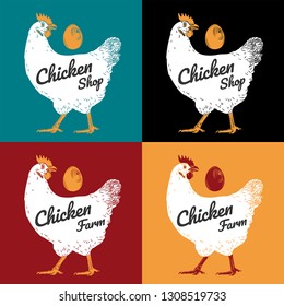 Chicken hen fresh, roster head, egg isolated vector logo, white back. For shop,  farm, butcher, poultry. Illustration. Label, sign, emblem, symbol, mascot. Set of logotypes.