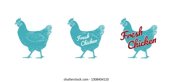 Chicken hen fresh, roster isolated vector logo, white back. For shop,  farm, butcher, poultry. Illustration. Label, sign, emblem, symbol, mascot. Set of logotypes. 