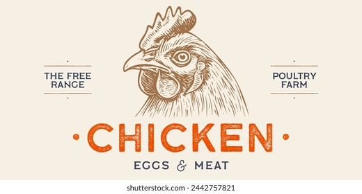 Chicken, hen head. Label, tag, chicken sketch ink pencil style drawing, engrave old school style. Sketch artwork silhouette chicken, hen head. Side view profile. Vector Illustration